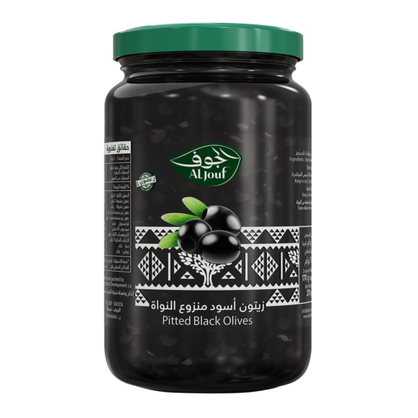 Al Jouf Organic Pitted black olives 370g - Image 1
